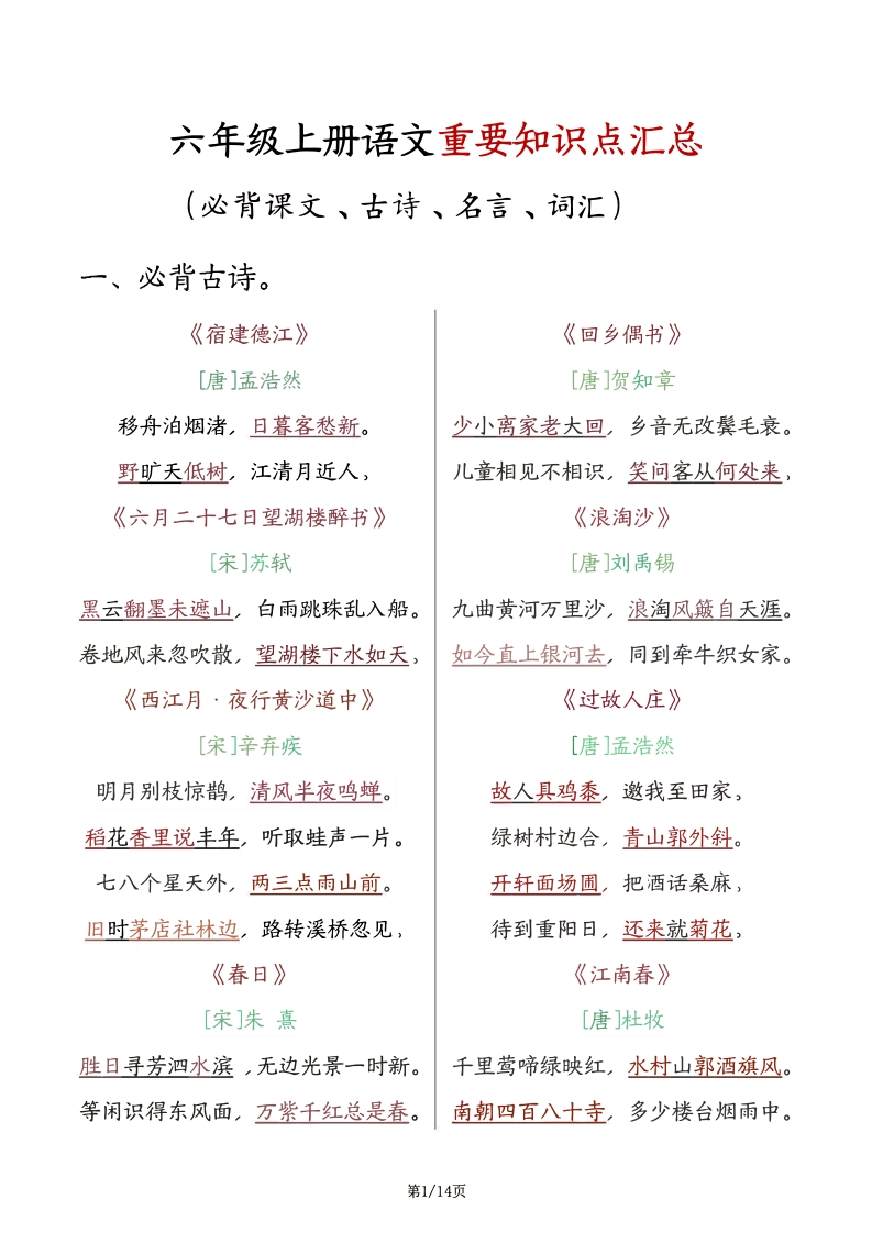 六年级上册语文重要知识点汇总14页（必背课文知识点-古诗-名言-词汇-成语解释）无水印可打印-up211学习资料网