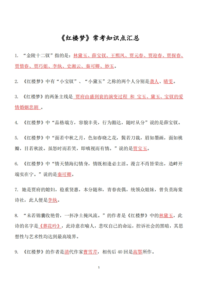 四大名著必考知识点《红楼梦》_知识点-up211学习资料网